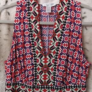 London Times Multicolor Sleeveless V-Neck Midi Dress with Geometric Floral Print